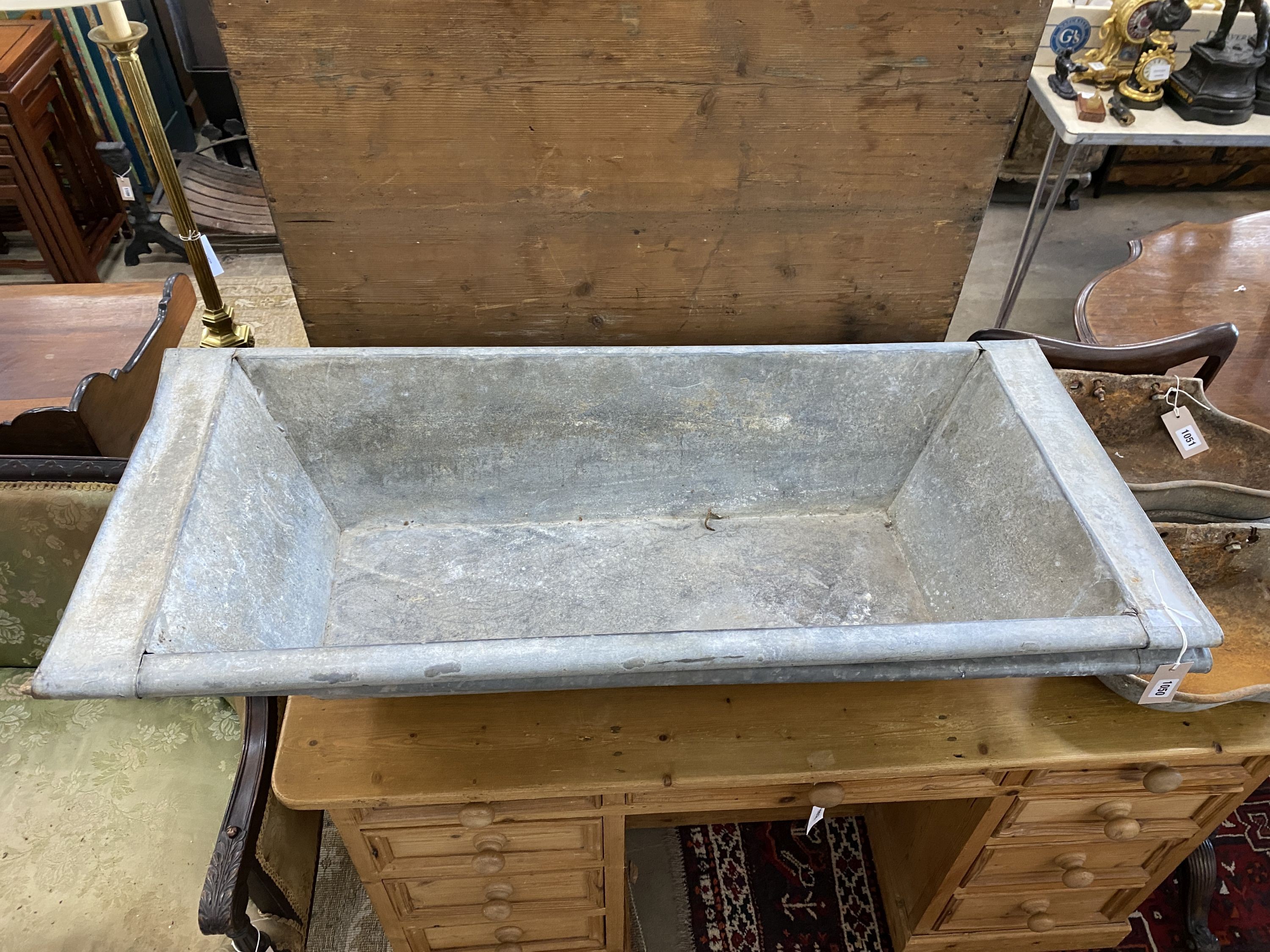 A pair of vintage rectangular galvanised troughs, width 111cm, depth 50cm, height 22cm